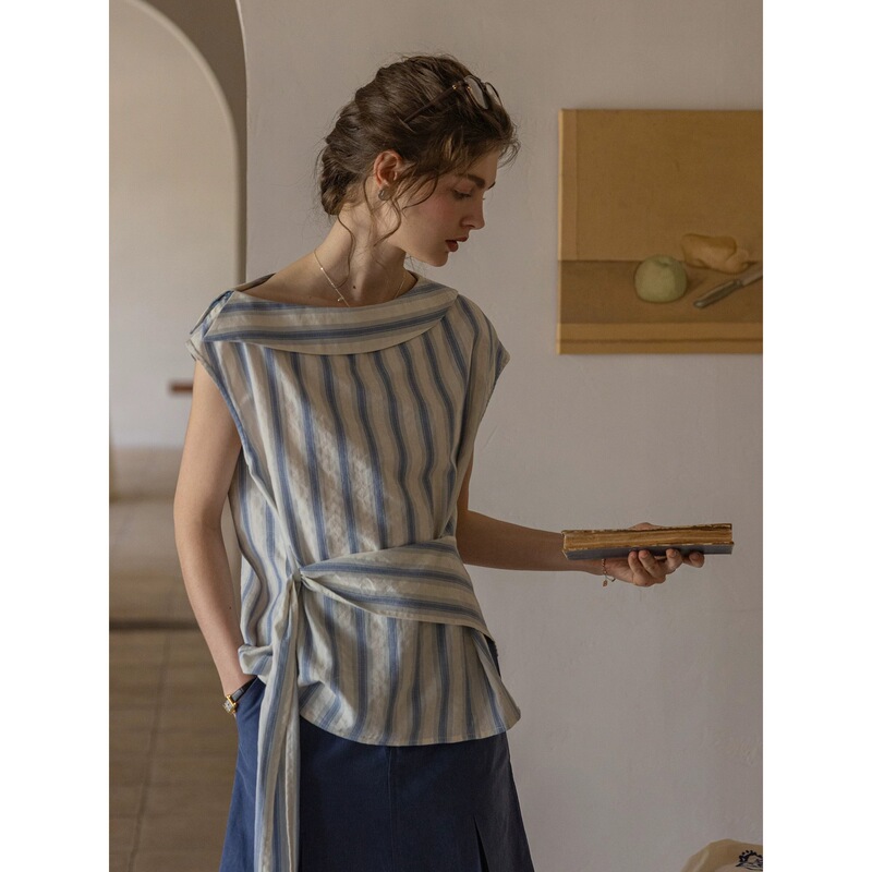 Daliyart "Galaxy Daylight" Designer Style Off-Shoulder One-Collar Cotton Jacquard Striped Shirt Daliyart "Galaxy Daylight" Designer Style Off-Shoulder One-Collar Cotton Jacquard Striped Shirt