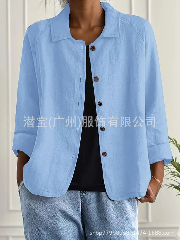 2025新款现货跨境外贸欧美女装纯棉上衣衬衣领休闲显瘦开衫外套女|undefined