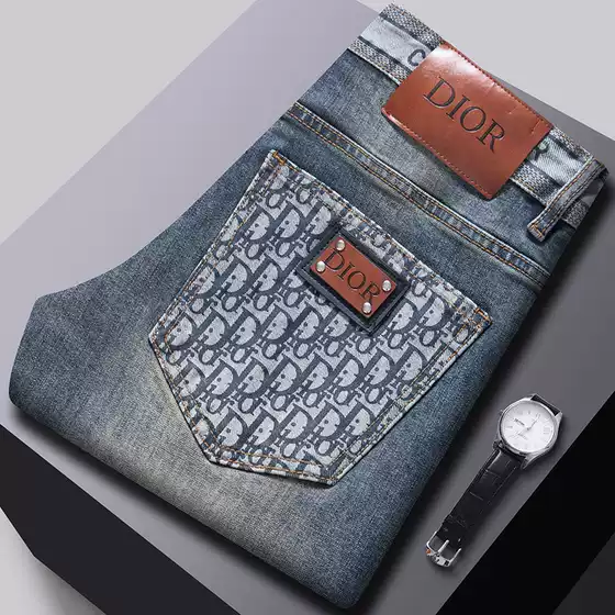 Men's Designer Premium Denim Jeans Trendy 2025 Fall/Winter Printed Slim Fit Skinny Pants Blue