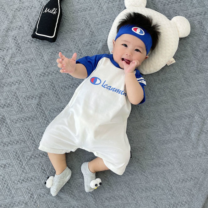 Bebé recién nacido de algodón de una sola pieza ropa de verano delgada en línea celebridad mameluco de manga corta súper lindo masculino y femenino mameluco de media manga