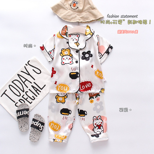 BE21 one-piece dropshipping  Spring items for small and medium-sized children, boys and girls, short-sleeved pants with rabbit, bear, and floral patterns, casual sleepwear