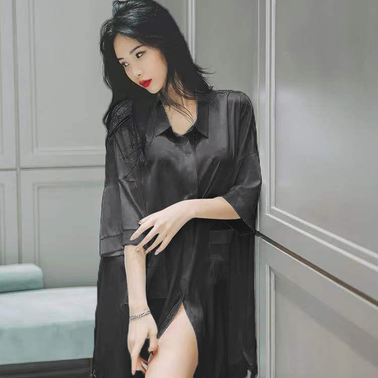 Pijama de verano mujer delgada suelta Chiffon novio camisa de viento seducción pijama mediano largo se puede usar ropa de casa