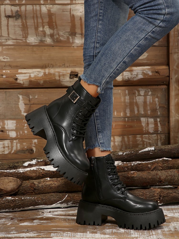 Big yards thick bottom casual short boots female new increased height England biker short boots boots_voghion.com