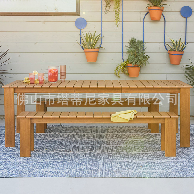 Mesas y sillas para exteriores, jardín con patio, conjunto de muebles de ratán impermeables y resistentes al sol, terraza de villa, banco largo de madera maciza.
