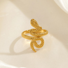 欧美时尚蛇形不锈钢戒指 个性简约复古民族风18K镀金钛钢指环女士