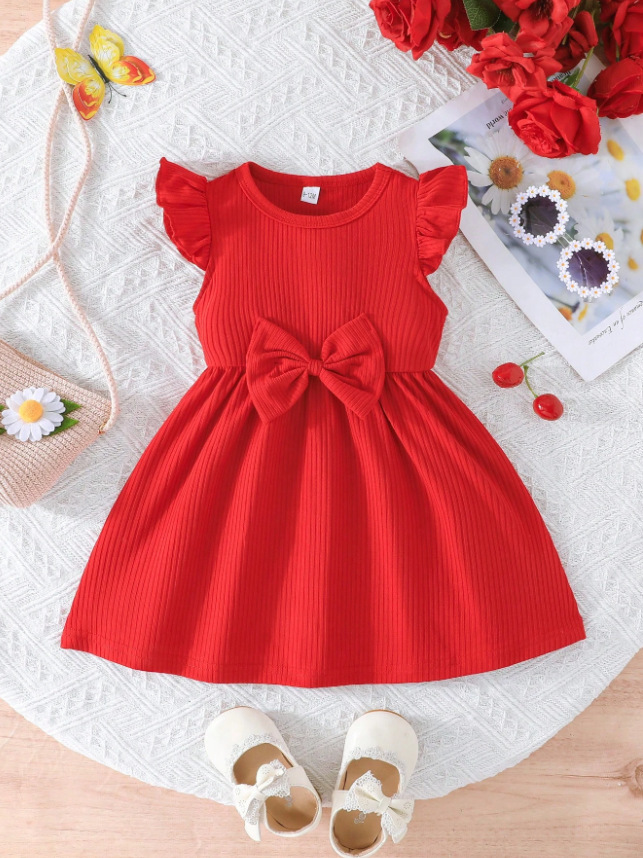 Vestido de princesa vermelho estilo coreano com mangas babados_voghion.com