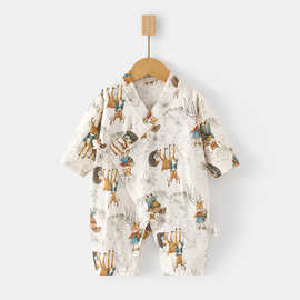 婴儿夏季纱布连体衣宝宝夏款超薄长袖纯棉哈衣儿童空调服新生爬服