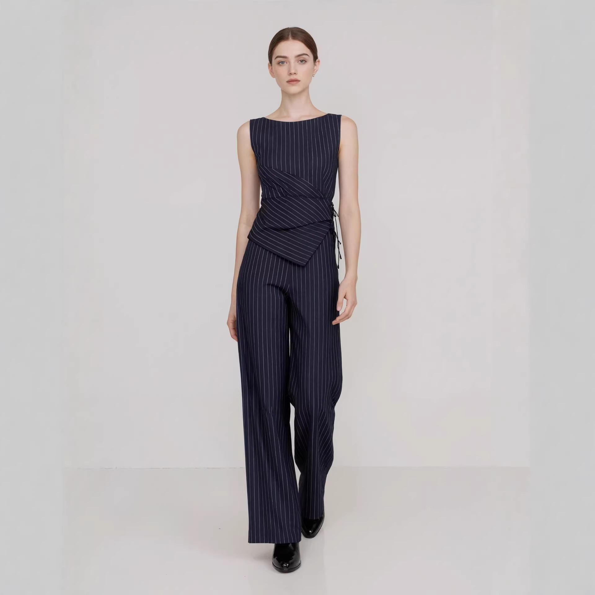 Amazon European and American Cross-Border Professional Women's Suit Striped Fashion Sleeveless Asymmetrical Top Straight-Leg Pants Set