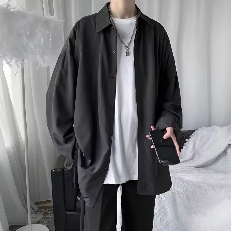 2024 Solid Color Super plus size Super Long Sleeve Shirt Japanese Style Hong Kong Style Ins Loose Shirt for Boys Summer Trend