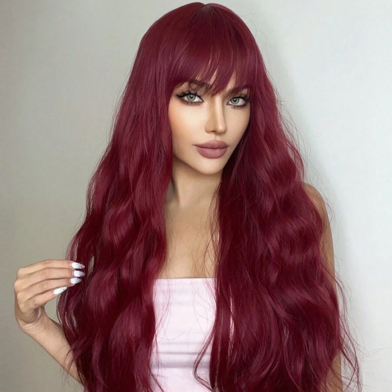 Estilo europeo y americano Cosplay pequeño rizado flequillo Rosa rojo largo pelo rizado onda grande cabeza completa cubierta realista Peluca de las mujeres