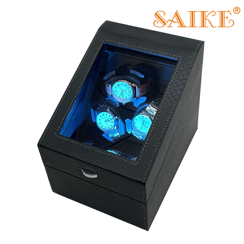 现货批发蛇皮纹皮革3表位+3收纳自动摇表上链器开盖即停氛围灯5档
