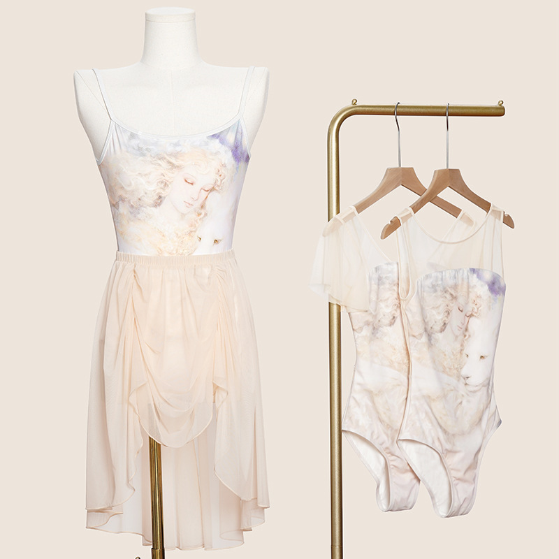 Ropa de Danza para Mujer, Traje de Práctica de Ballet para Adultos, Ropa de Danza para Exámenes de Arte, Mono de Entrenamiento Básico, Traje de Gimnasia de Malla Estampada