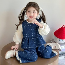 女童秋季满印蝴蝶结牛仔三件套2025新款洋气儿童套装女孩网红童装