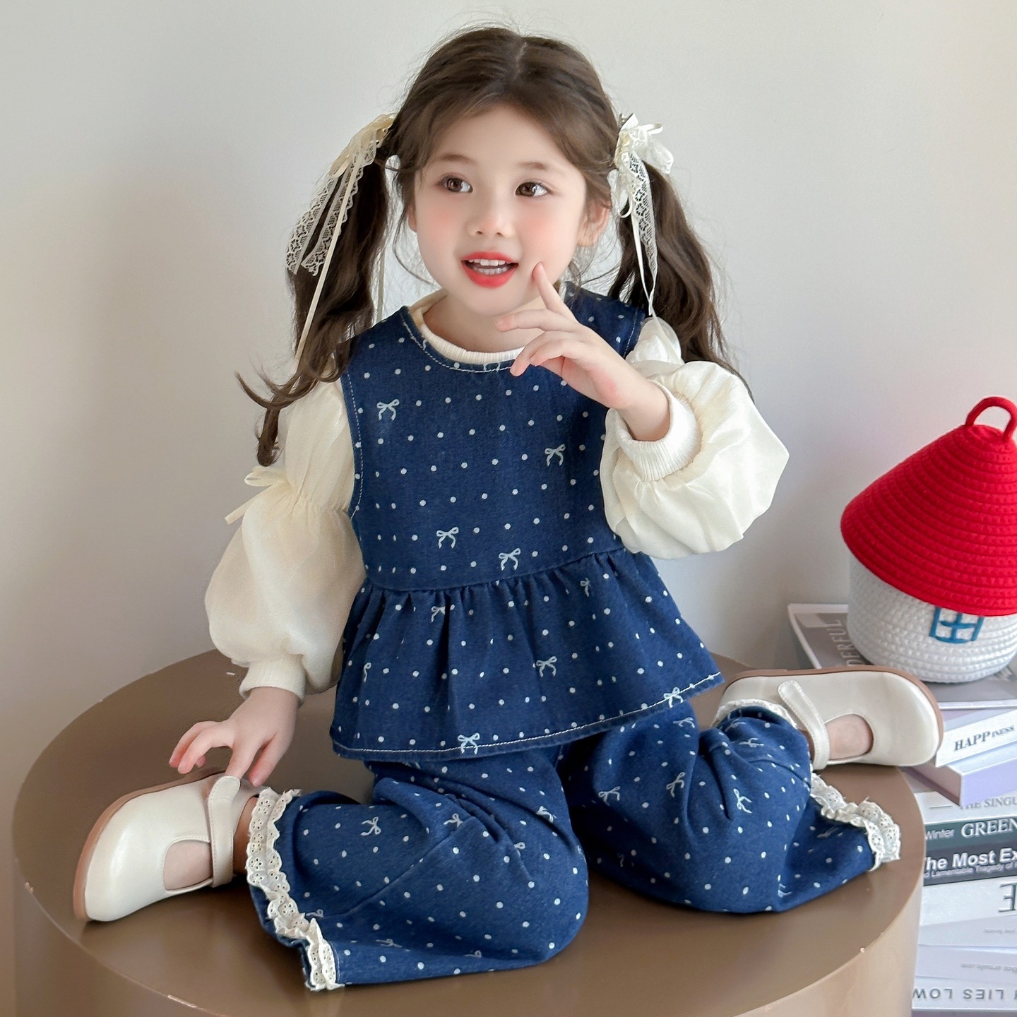 女童秋季满印蝴蝶结牛仔三件套2025新款洋气儿童套装女孩网红童装