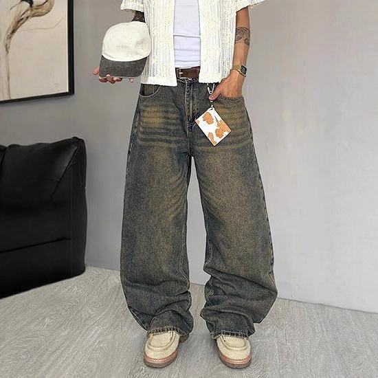 Cross-Border Denim Wide-Leg Pants for Men, High-Quality Jeans, Boyfriend-Style Jeans