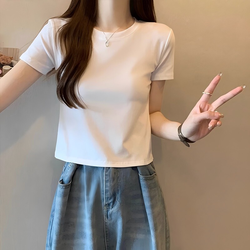 High Waist Navel-exposed Short Top Cotton Short-sleeved T-shirt 2023 Summer Slim-fit All-match White Base-layer Shirt T-shirt for Women High Waist Navel-exposed Short Top Cotton Short-sleeved T-shirt 2023 Summer Slim-fit All-match White Base-layer Shirt T-shirt for Women