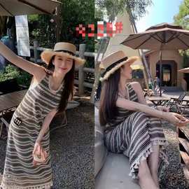 大码微胖复古条纹流苏镂空上衣胖妹妹设计感小众无袖背心连衣裙..