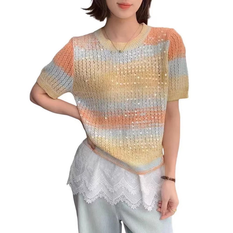 2026 Trendy Colorful Short-Sleeve Knit Top for Women, Youthful and Sophisticated, Petite Sequin Unique Striped T-Shirt Top 2026 Trendy Colorful Short-Sleeve Knit Top for Women, Youthful and Sophisticated, Petite Sequin Unique Striped T-Shirt Top