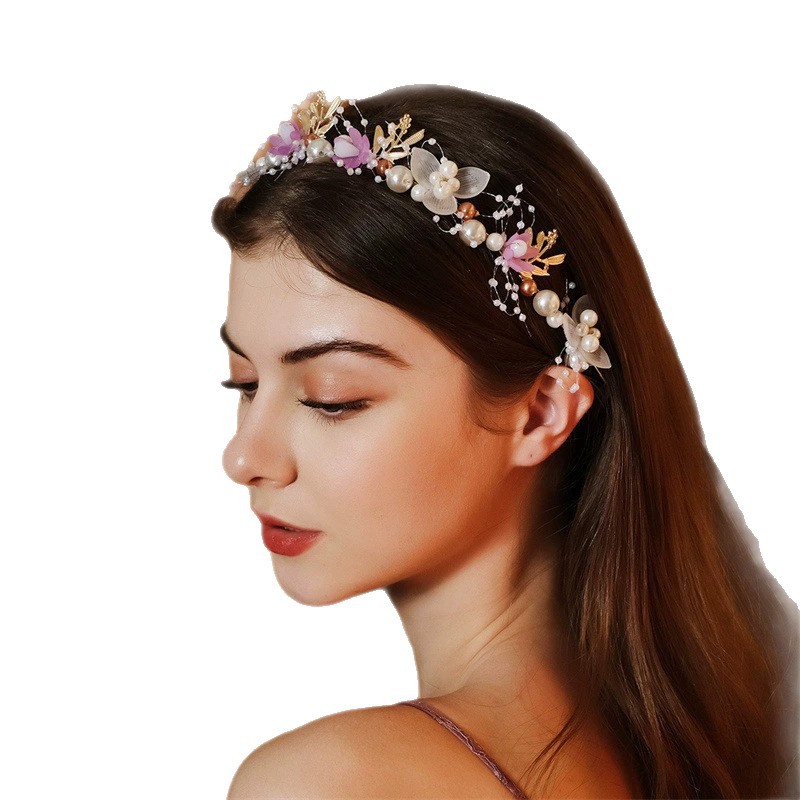 Diadema con corona de flores rosas estilo bosque, corona floral con perlas, corona nupcial, hermosa hecha a mano al estilo europeo. image 6