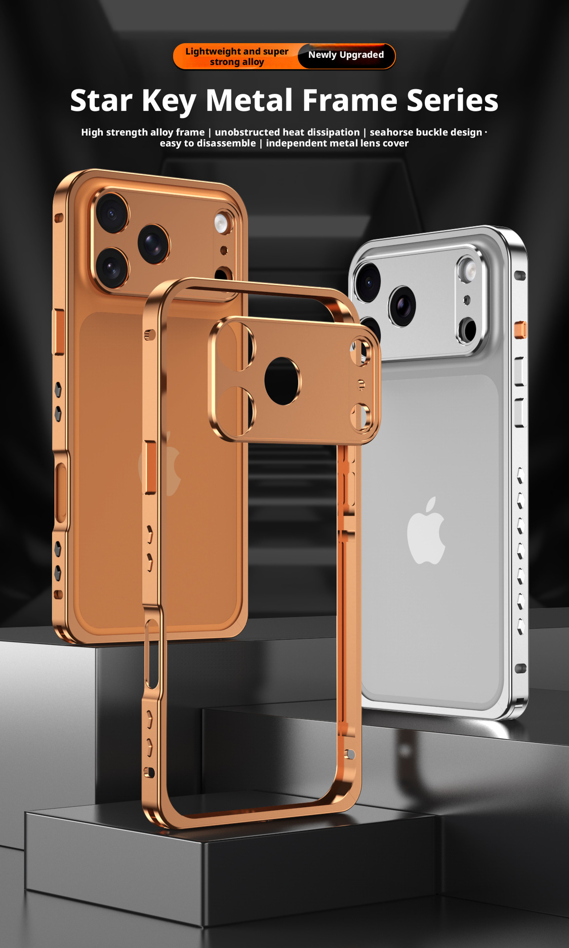 Ốp lưng iPhone viền kim loại tản nhiệt chống sốc dạng khung móc biển — Cam, Bạc, Đen, Xanh chi tiết 1