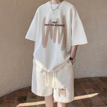 大码华夫格套装男款夏季青少年潮流港风感运动休闲一整套夏装