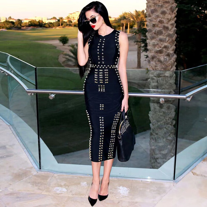 Heavy industry beaded dress long round neck sleeveless metal buckle beaded back slit banquet bandage dress manufacturer