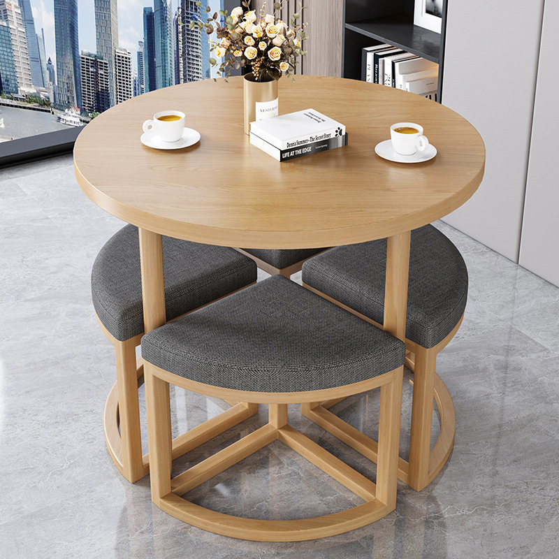 Taburete de tela gris oscuro + mesa de madera