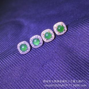 Factory explosions s925 sterling silver yang green square small square sugar earrings jade simple egg surface silver inlay finished wholesale