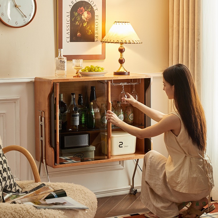 Mid-Retro Style Solid Wood Removable Glass Sideboard Wine Cabinet Nordic Home Living Room Display Storage Storage Cabinet