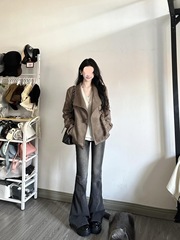美式辣妹麂皮绒夹克上衣女春秋季新款大翻领氛围感修身机车短外套
