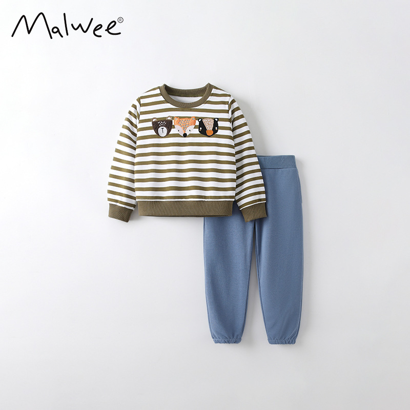 Malwee transfronterizo juego de chaqueta de niño otoño y invierno nuevo estilo europeo y americano rayas de cuello redondo manga larga dos piezas juego