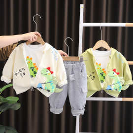 宝宝卡通恐龙三件套2025春秋新款男童休闲拉链帽衫卫衣长裤子套装