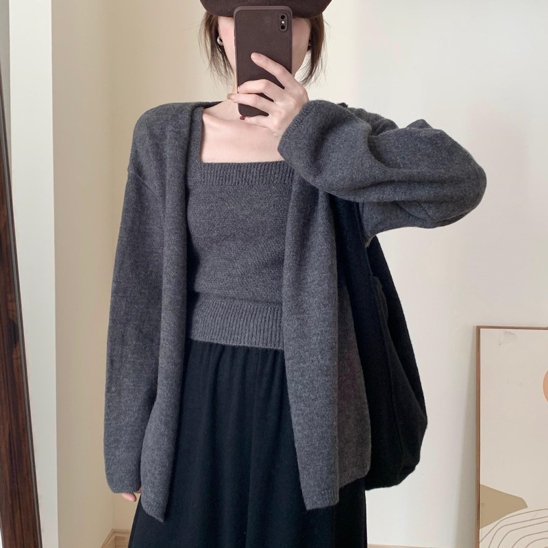 气质名媛高端吊带背心针织开衫女两件套2025秋冬新款洋气减龄外套|undefined