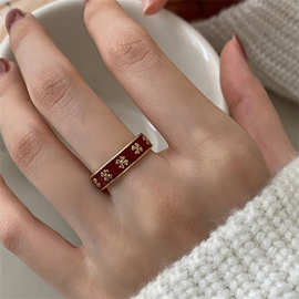 法式复古酒红色滴油花戒指女时尚个性气质四叶草开口食指戒可调节