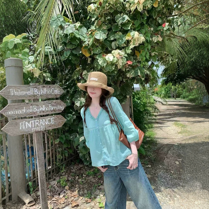 Summer Firefly Linen Ruffle Trim V-Neck Three-Quarter Sleeve Shirt for Women, Lake Green Versatile Top for Summer Summer Firefly Linen Ruffle Trim V-Neck Three-Quarter Sleeve Shirt for Women, Lake Green Versatile Top for Summer