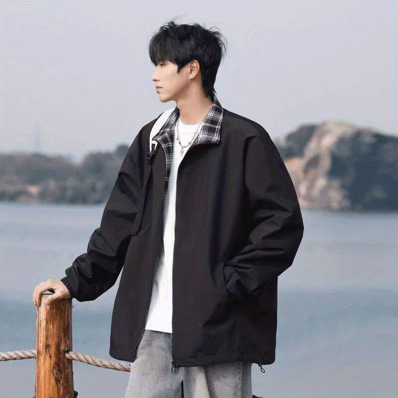Color-Blocked Plaid Stand-Up Collar Sports Jacket for Men in Spring, Loose and Casual Boys' Tops, Hong Kong Style Windproof Couple Jackets