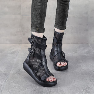 Boots Women's Summer 2023 New Genuine Leather Sandals Women's Hollow Mesh Breathable High-top Wedge Platform Peep-toe Sandals