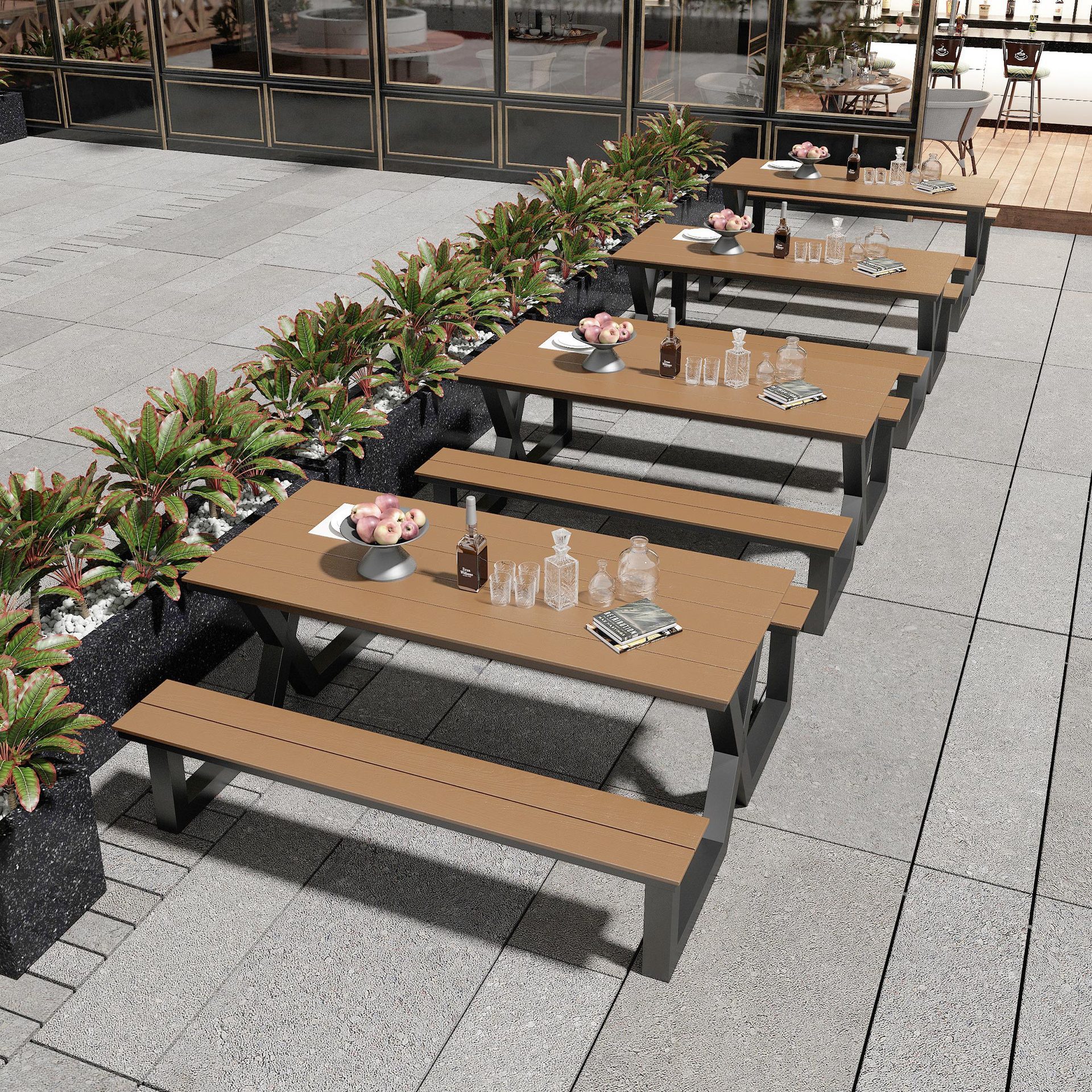 现代户外连体公园桌椅组合简约庭院坐椅室外露天长凳广场户外桌椅