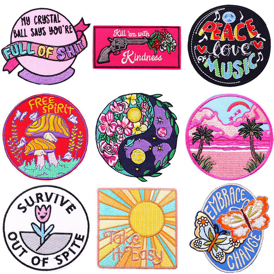 亚马逊热卖个性风景刺绣布贴现货跨境蘑菇童装补丁贴彩色蝴蝶现货