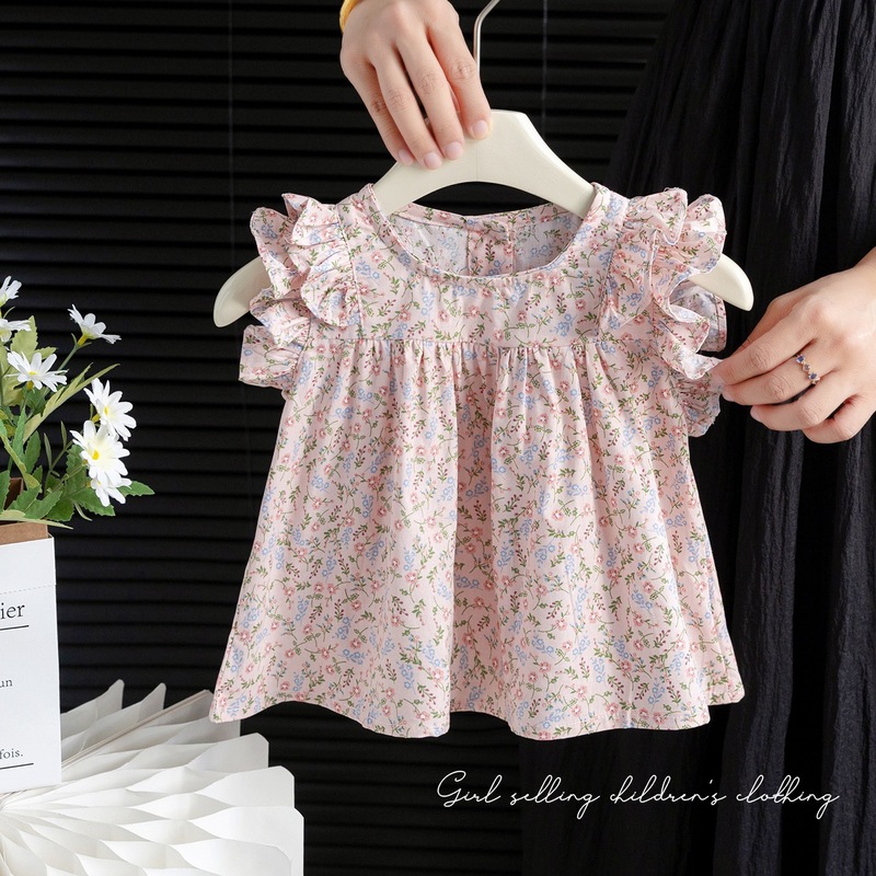 2026 Summer New Style Girls' Shirts, Thin Tops for Young Girls, Baby Girls' Flutter Sleeve Lace Stylish Doll Shirts Trendy