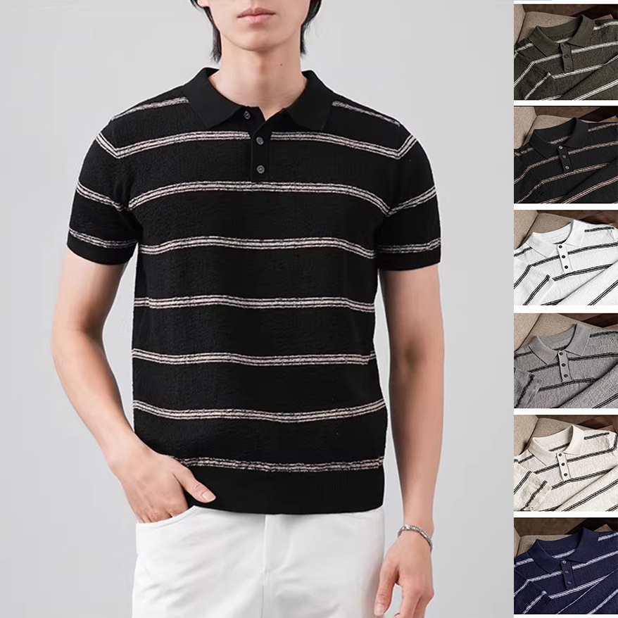 Polo camiseta de punto camiseta de manga corta hombre con solapa estriada textural vieja camiseta de hielo de verano fábrica transfronteriza al por mayor