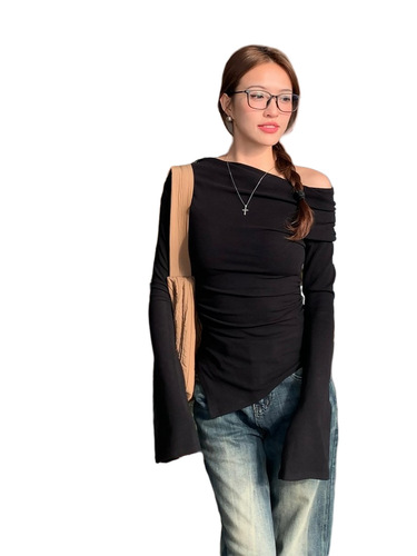 Korean-style versatile flared-sleeve long-sleeve base top for women, 2025 off-shoulder slimming blouse