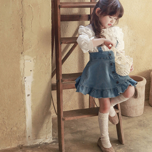 2024 Spring Girls' Denim Skirt Strawberry Style Korean Children's Clothing Kids' Girls' Ruffled Halter Strap Dress
