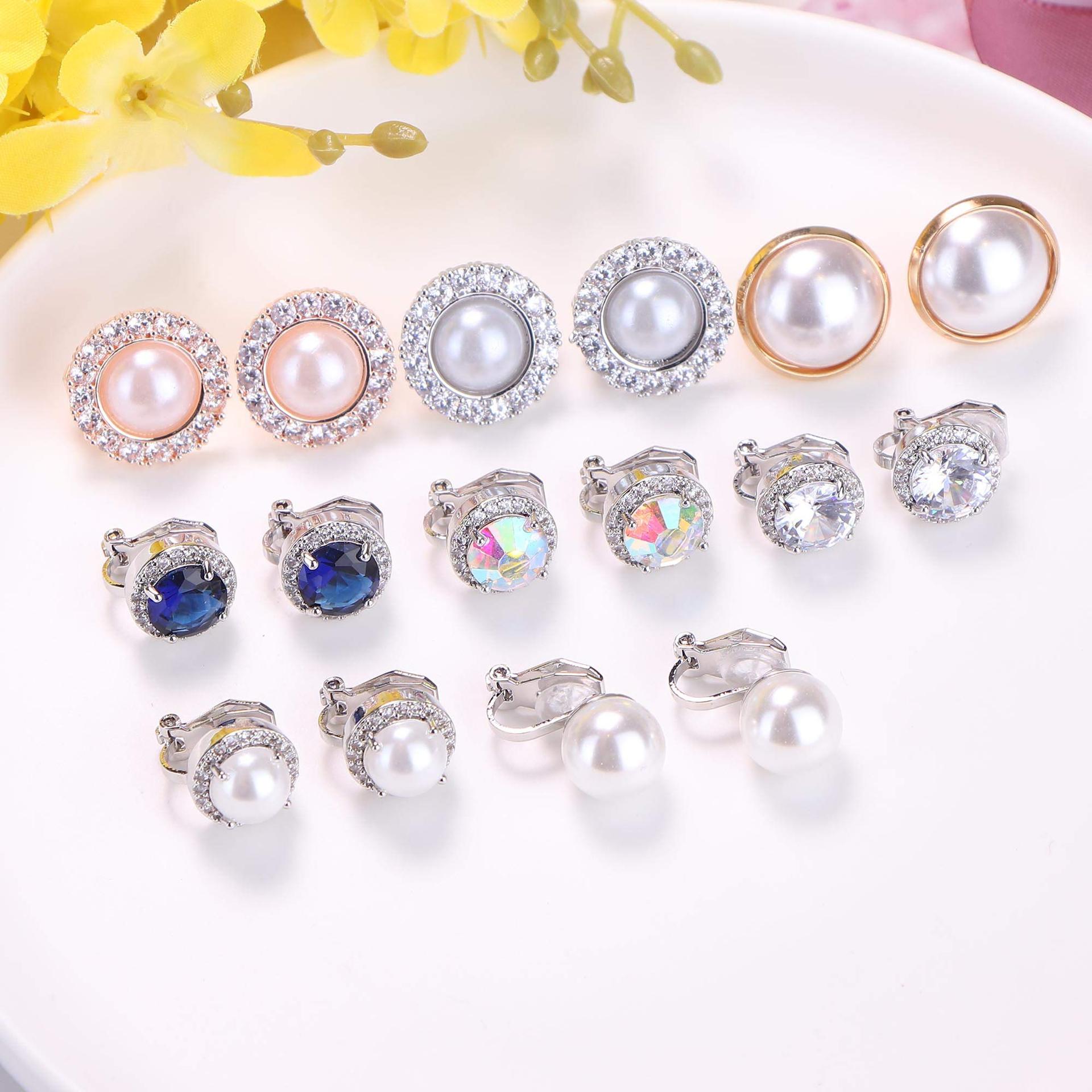 Fashion Round Copper Plating Inlay Pearl Zircon Ear clips 1 Pair