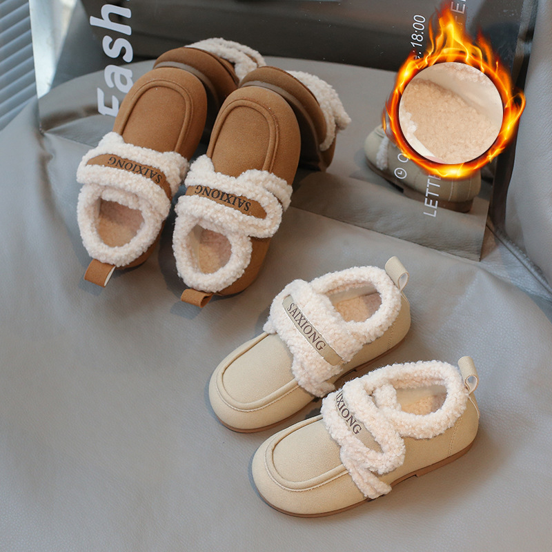 Scarpe per bambini in cotone 2024 in pelle scamosciata con suola morbida per ragazzi e ragazze, scarpe calde versatili per bambini in lana d'agnello_voghion.com