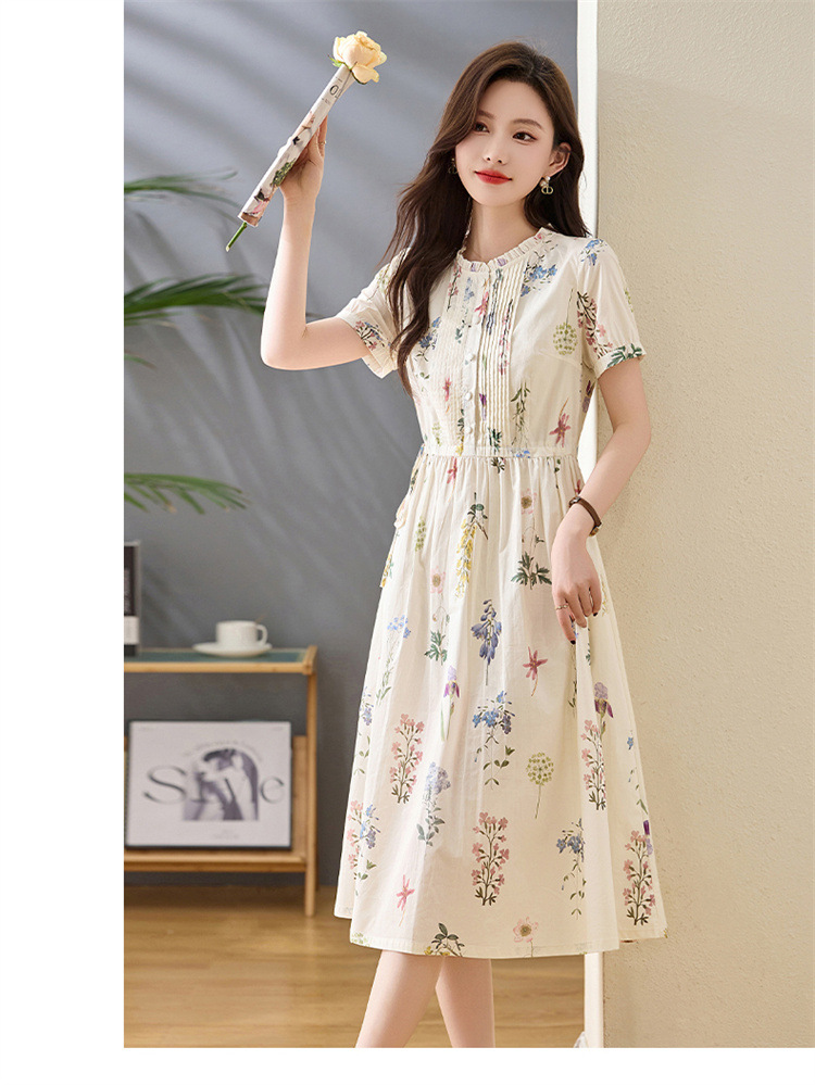 Váy liền hoa nhí cotton thắt eo tay ngắn mùa hè 2025 NI2807 — Hoa gạo chi tiết 9