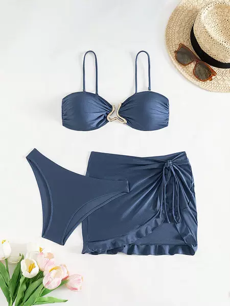2026 New Model Blue Small Bust Push-Up Bikini, Strapless Ruched High-Cut Two-Piece Triangle Swimsuit Set for Women