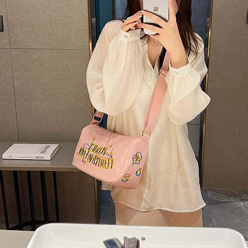 New heavy industry embroidery trendy cool light pink pillow bag texture nylon cloth dumpling bag fashionable versatile shoulder crossbody bag