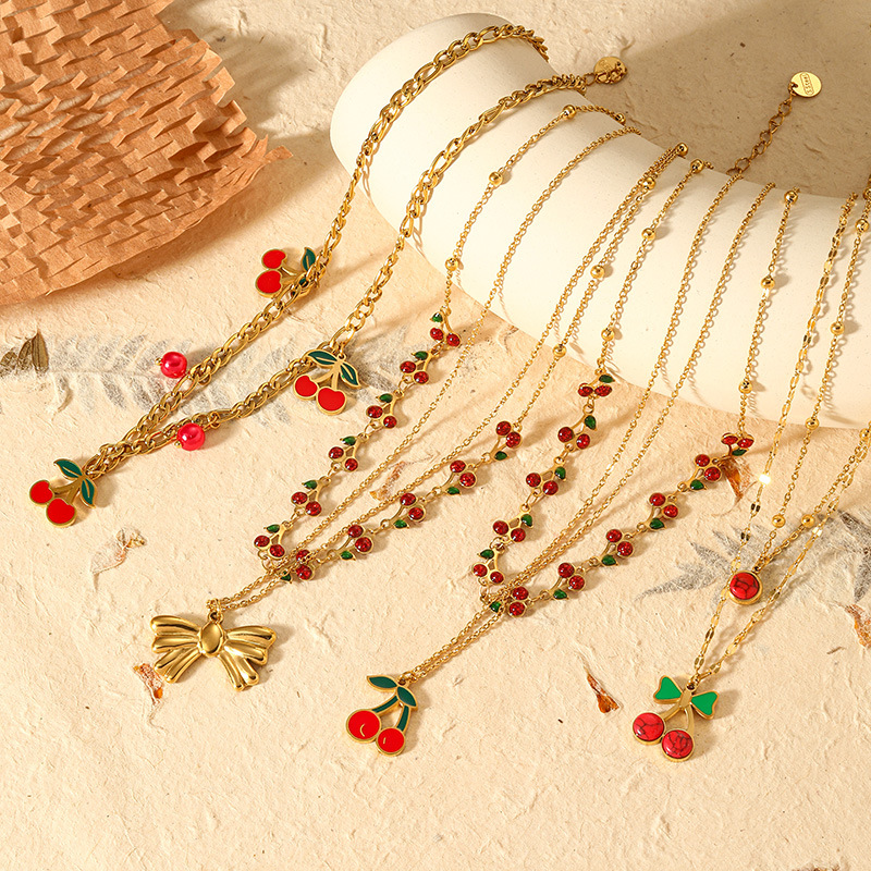 316L Stainless Steel Pendant Material Gem Inlay Material 18K Gold Plated 316L Stainless Steel Gem Cherry Bow Knot Waterproof Non Tarnish Surgical Steel Sweet IG Style Cable Chain Double Layer Necklaces Multi Charms Necklace For Women's