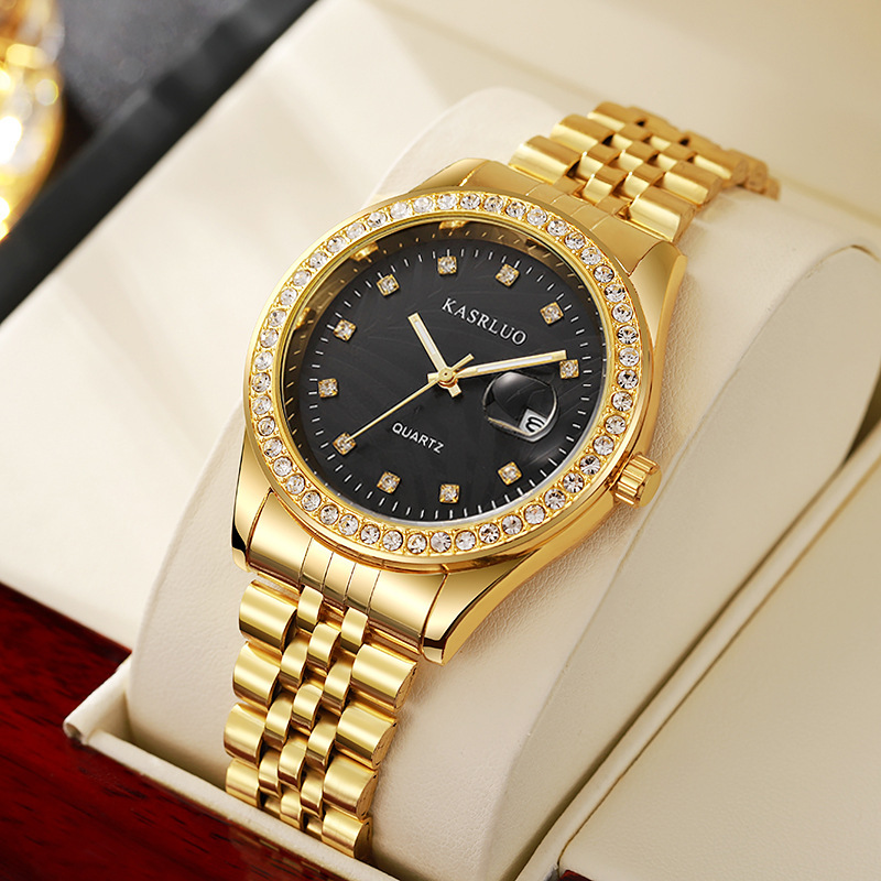 Watch for Men with Diamond Inlay, Couple's Steel Band, Calendar, Student, Adult, Fully Automatic Quartz Watch, Metal Scale, Large Dial